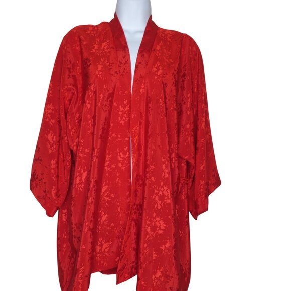 New Vintage 90s Mervyns Sabrina Red Floral Kimono Robe Jacket OS Belted USA Made - Picture 2 of 9